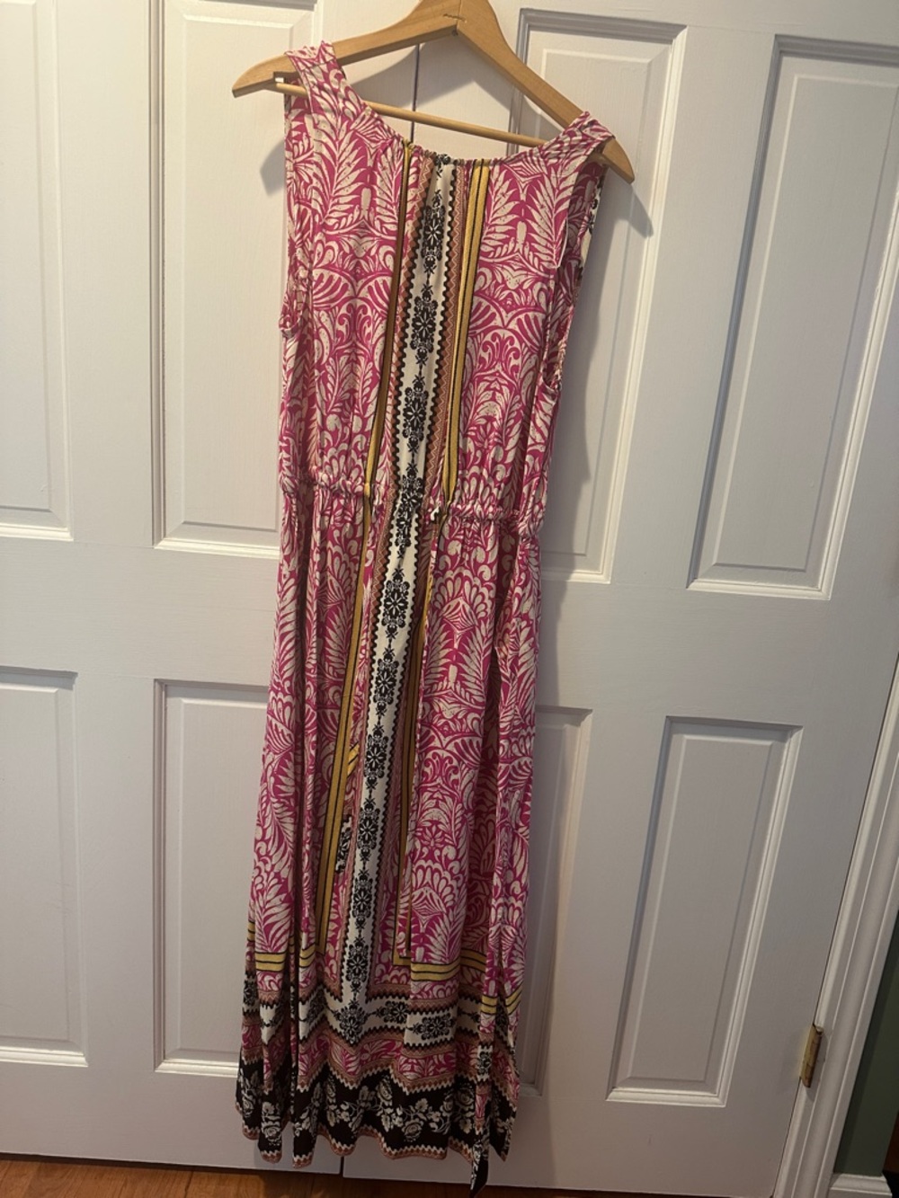 LOFT Pink Printed Sleeveless Maxi Dress with Yellow Stripe Detail